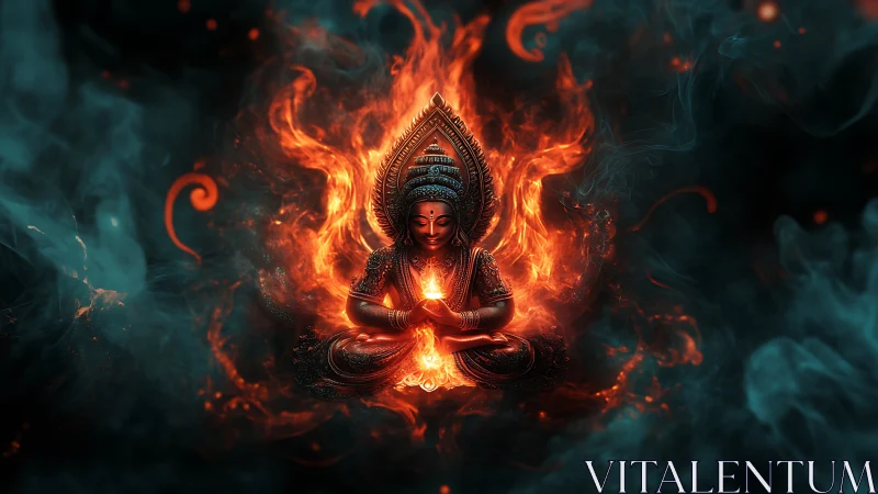Fiery seated deity sculpture radiates intense inner flame
