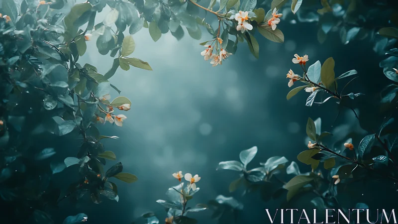 Green foliage arch with small white blossoms in misty light.
