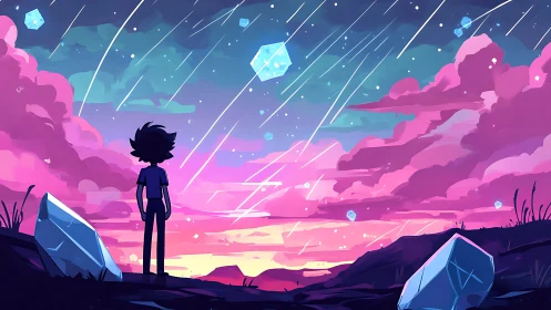 Stargazing kid beneath crystal showers and neon clouds.