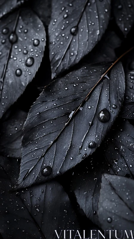 Velvet midnight leaves kissed by quiet silver raindrops.