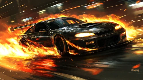 Street racer car ignites neon night with drifting flames.