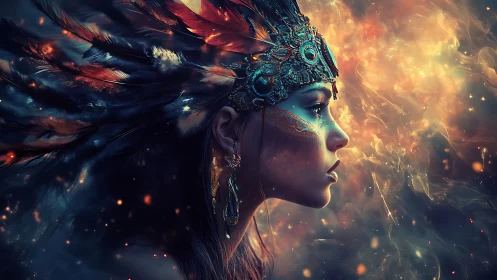 Profile portrait of woman in jeweled feathered headdress.