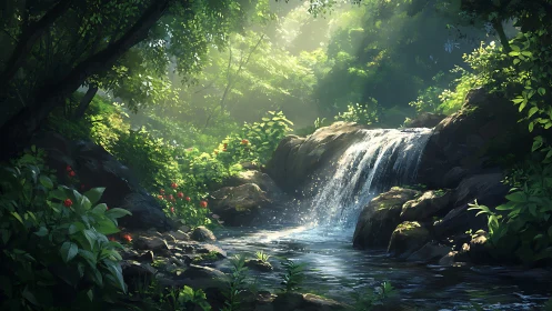 Sunlit forest waterfall gently sparkling through green leaves.
