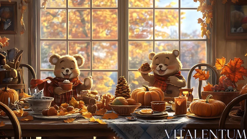 Cuddly bear bakers hosting an autumn pumpkin tea feast.