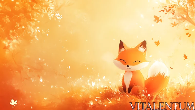 Gentle fox rests in a golden meadow of warm autumn light
