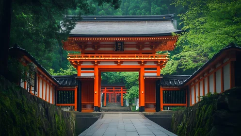 Vermilion temple gate in forested setting under soft light.