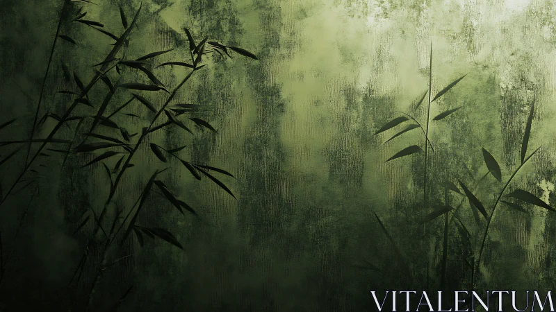Muted bamboo silhouettes drift across misty green light.