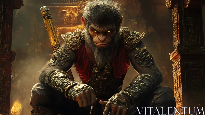 Armored monkey warrior crouches in a molten temple throne