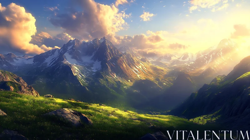 Sun-drenched alpine giants over a whispering emerald valley.
