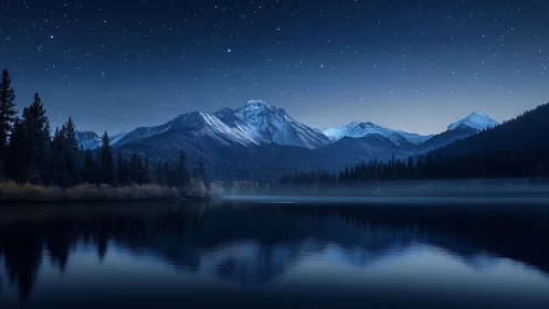 Starlit alpine lake mirrors tranquil snowcapped mountain range