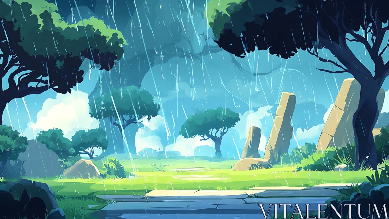 Lush fantasy meadow under summer rainstorm at ruins.