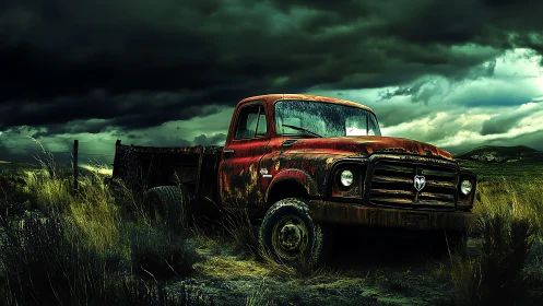Storm-lit relic truck brooding in a feral prairie dusk.