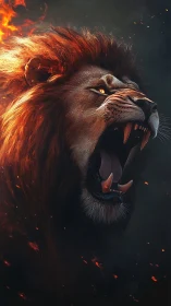 Fiery roaring lion emerges from darkness and flames.