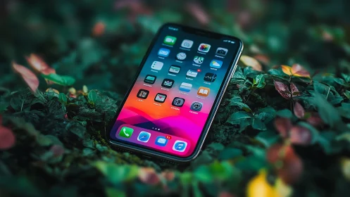 Smartphone Display Emerging from Botanical Environment.