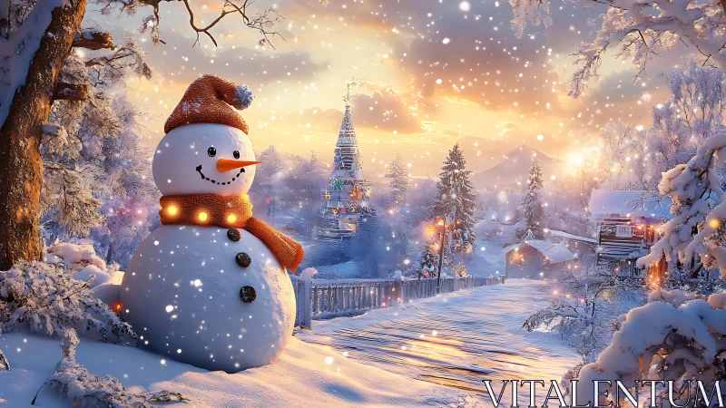 Cheerful snowman beside snowy village at sunset.