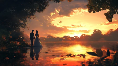 Silhouetted couple standing in shallow water beneath golden sky gradient