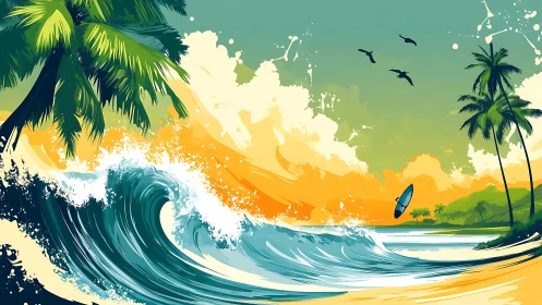 Colorful tropical surf wave with palm trees and birds at beach.