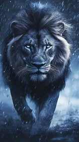 Storm-forged midnight lion strides through silver rain.