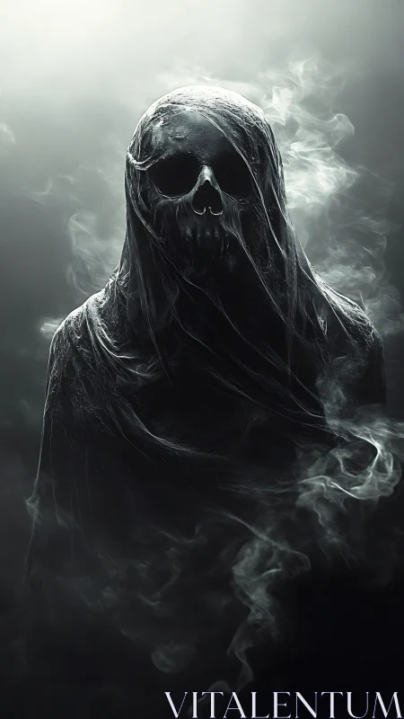 Shrouded skull wraith rising through silver storm of smoke.