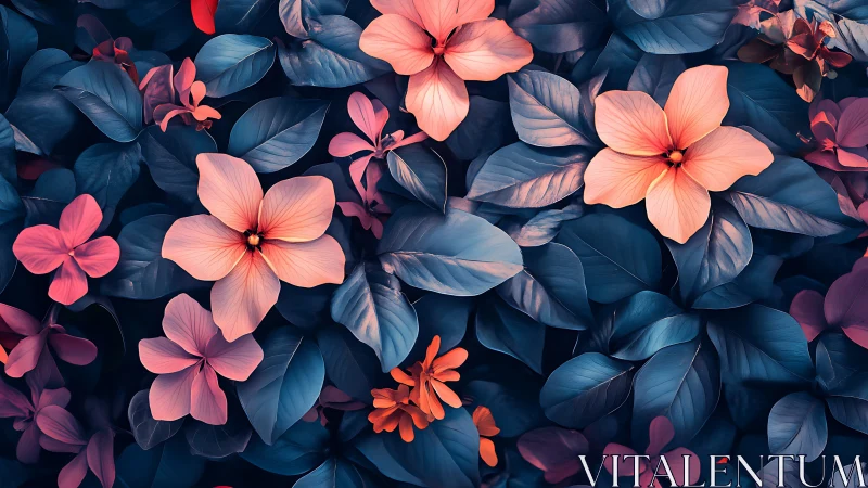 Floral composition with pink and coral blooms on blue foliage