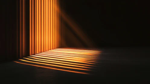 Golden light cuts through vertical slats into the dark room