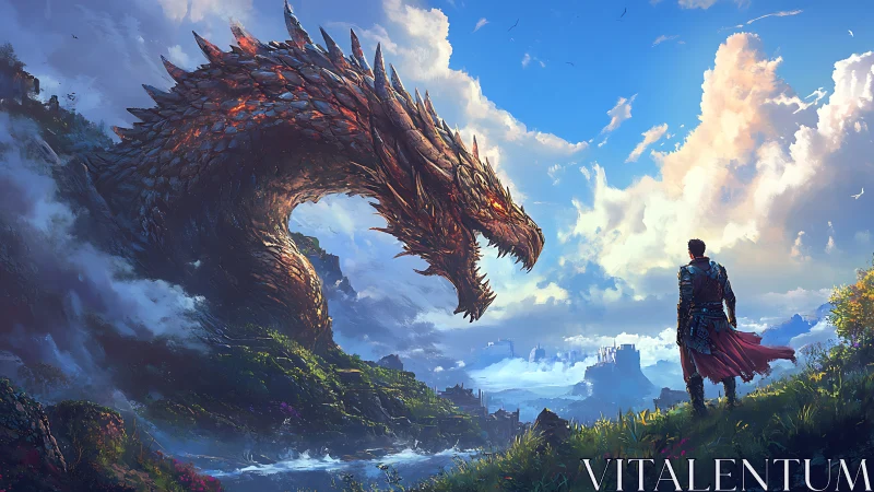 Hero meets colossal mountain dragon under glowing skies