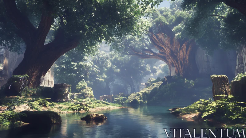 Ancient Forest Canyon with Misty Light and Streaming Water.