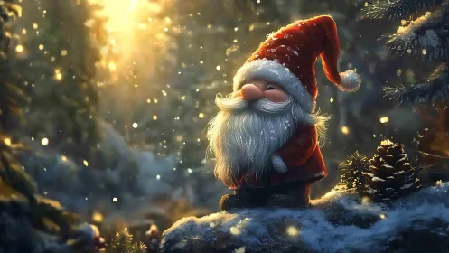 Santa gnome stands in glowing snowy forest twilight