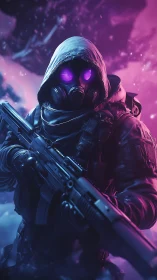 Mystery soldier stands ready in glowing neon winter storm