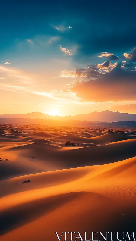 Desert sand dunes under low sun with clear gradient sky.
