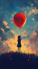 Silhouetted girl holding red balloon under glowing dusk sky.