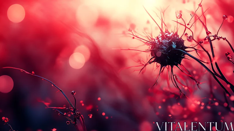 Macro biological node with radial tendrils in red bokeh field