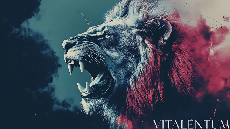 Roaring lion erupts through teal and crimson smoke clouds.