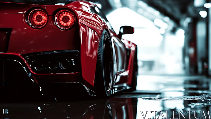 Red supercar rear profile with glossy reflections in garage
