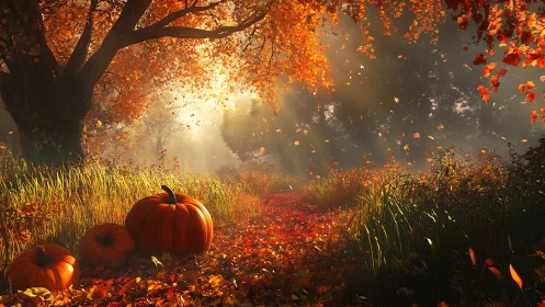 Pumpkins lounge beneath a golden storm of autumn light.