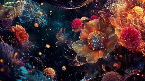 Floral nebula forms float in a dense, luminous cosmic field