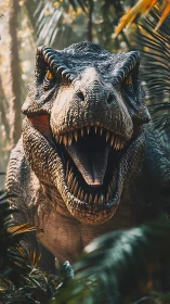 Roaring Tyrannosaurus rex lunging forward in dense jungle