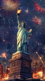 Statue of Liberty ignites night sky with explosive fireworks.
