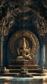 Gilded temple guardian in meditative symmetry and swirling stone.