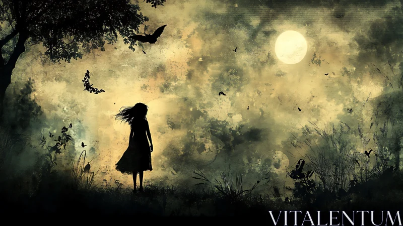Silhouetted girl observes full moon through misty forest night