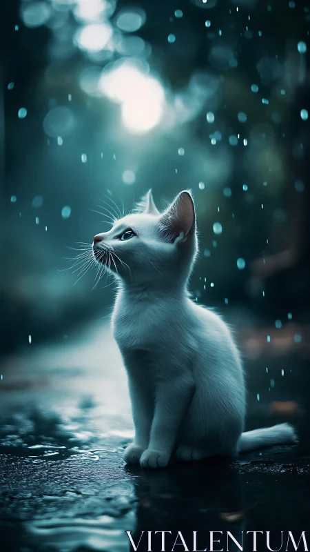 White Feline Silhouette in Rain: Celestial Bokeh Atmospheric Study.