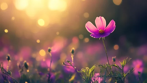 Magenta Cosmos Flower Silhouetted in Golden Sunlight