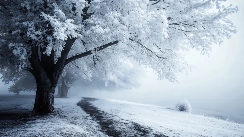 Winter trees arch over misted riverside path in silence.