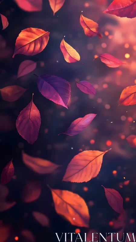 Glowing autumn leaves drifting gently through soft twilight.