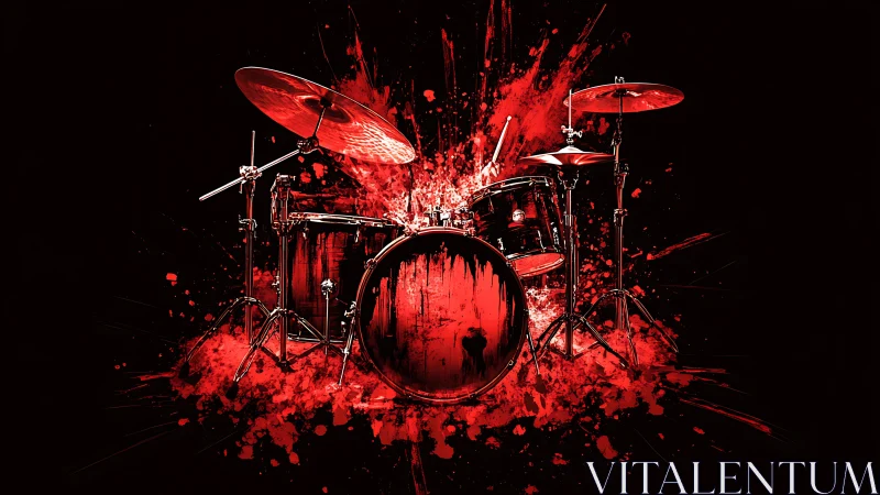 Explosive red drum kit rendered with dynamic digital splatter
