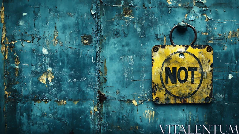 Weathered yellow NOT sign on distressed blue metal wall.