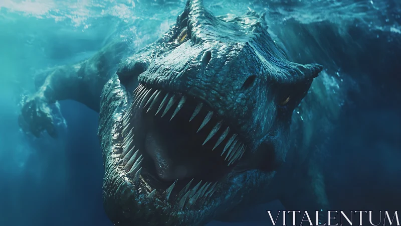 Underwater prehistoric predator with open jaws in motion.