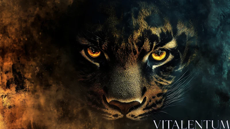 Predatory gaze in molten shadow, embers and teal smoke converge.