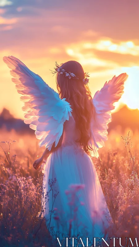 Gentle winged girl glowing softly in a pastel sunset field.
