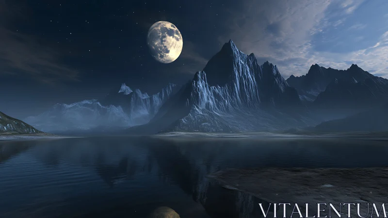 Moonlit mountain lake wrapped in calm midnight magic.